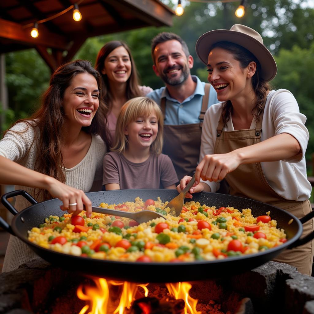 Family cooking paella together