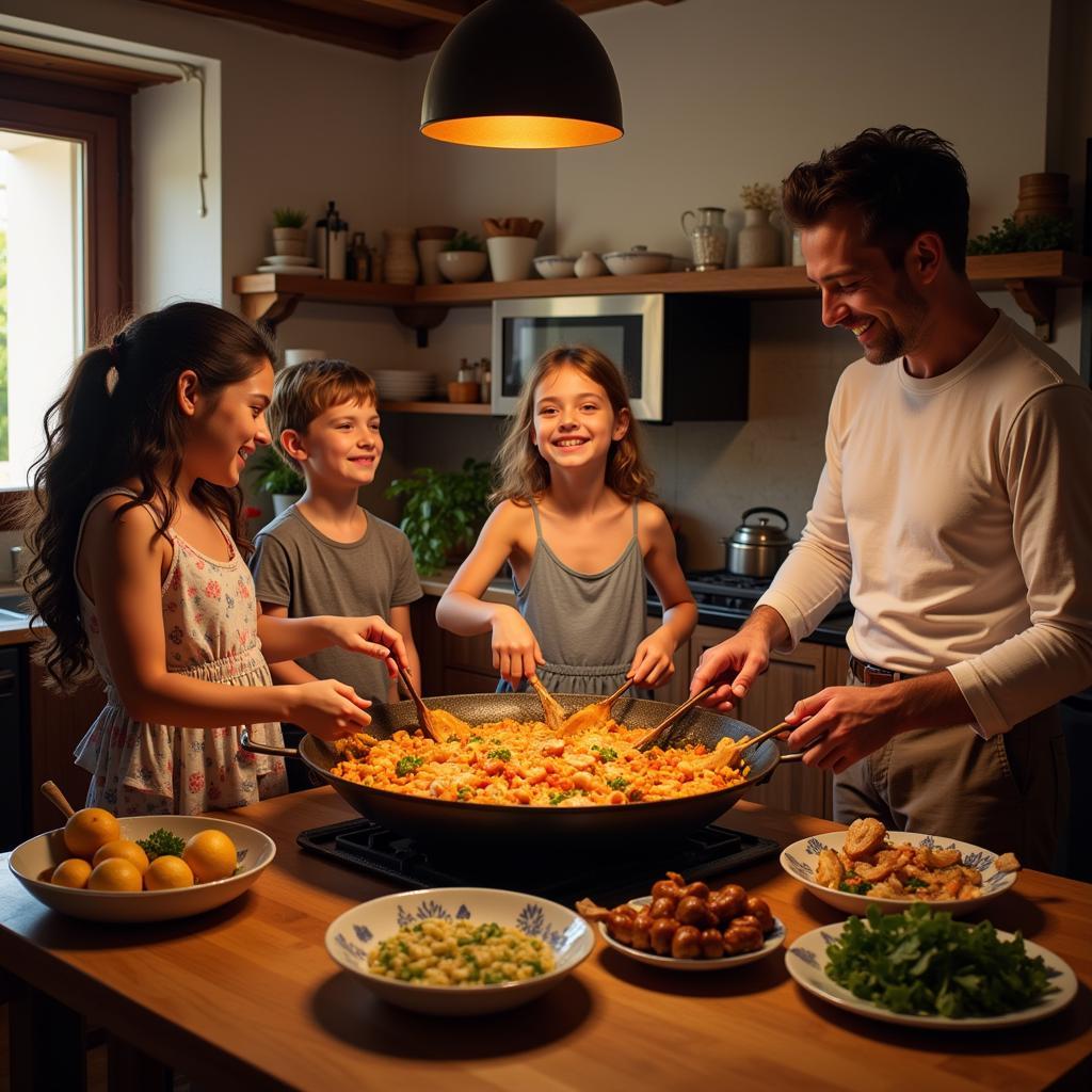 A Spanish family prepares a traditional paella together in their home kitchen