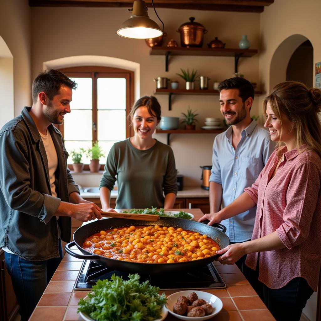 A multi-generational Spanish family teaches guests how to make paella in a traditional kitchen.