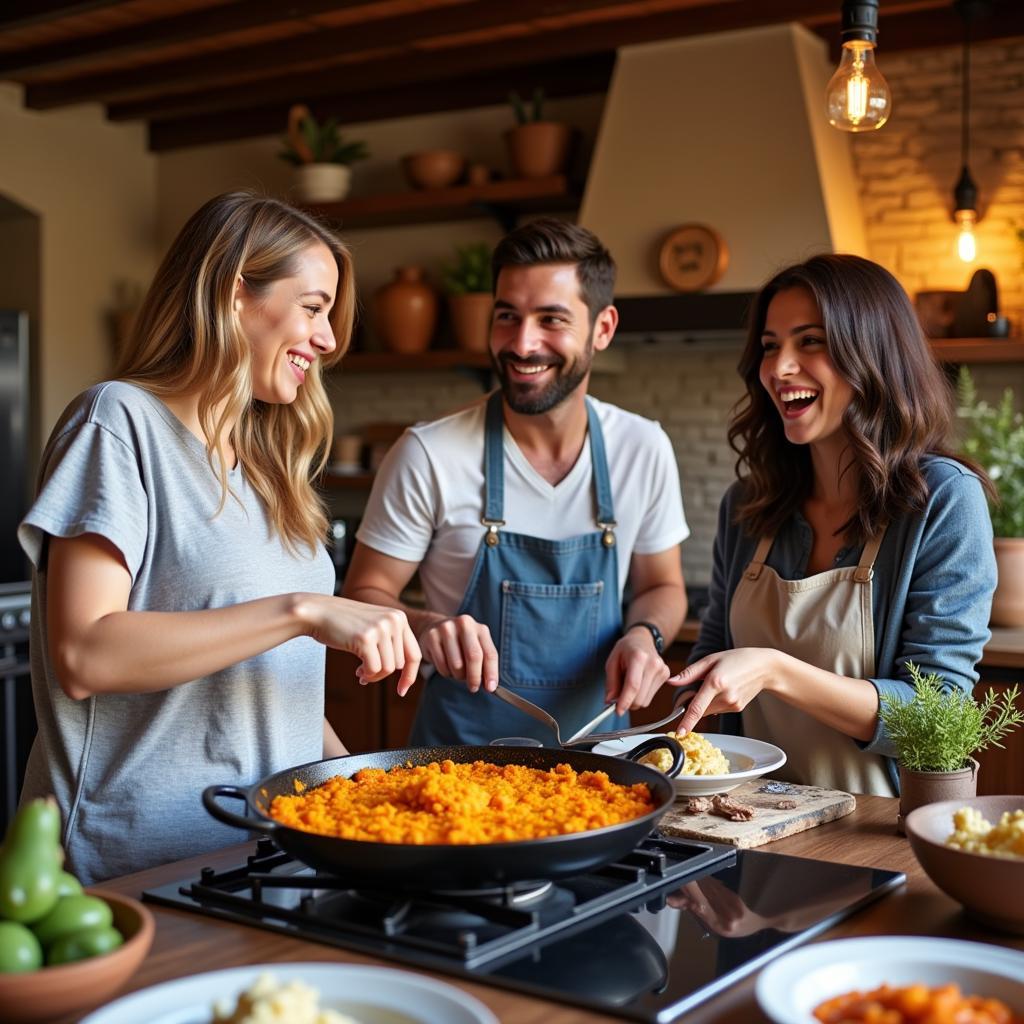 Family cooking paella together