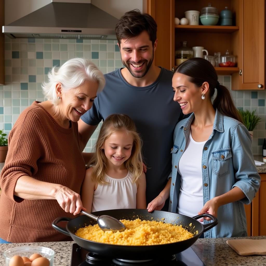 Spanish family cooking paella with homestay guest