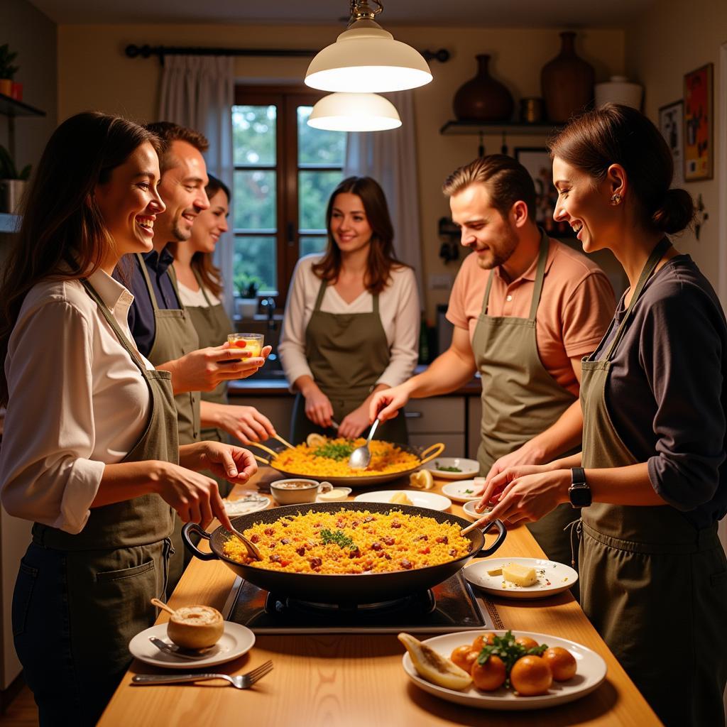 A Spanish family teaches guests how to make paella