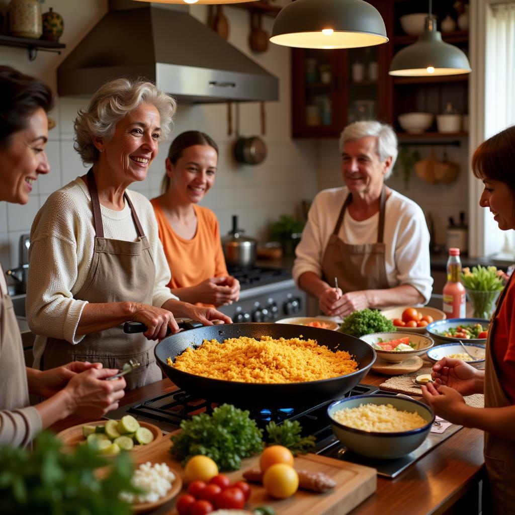 Spanish family cooking paella together in a traditional kitchen