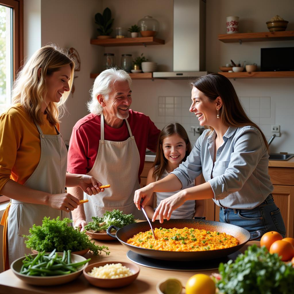 Spanish family cooking paella in Torrejón