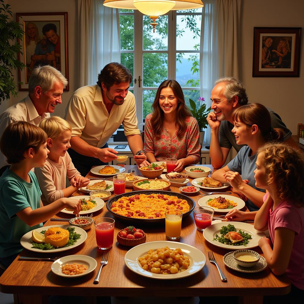 Spanish family enjoying a meal together in a barevhayer home