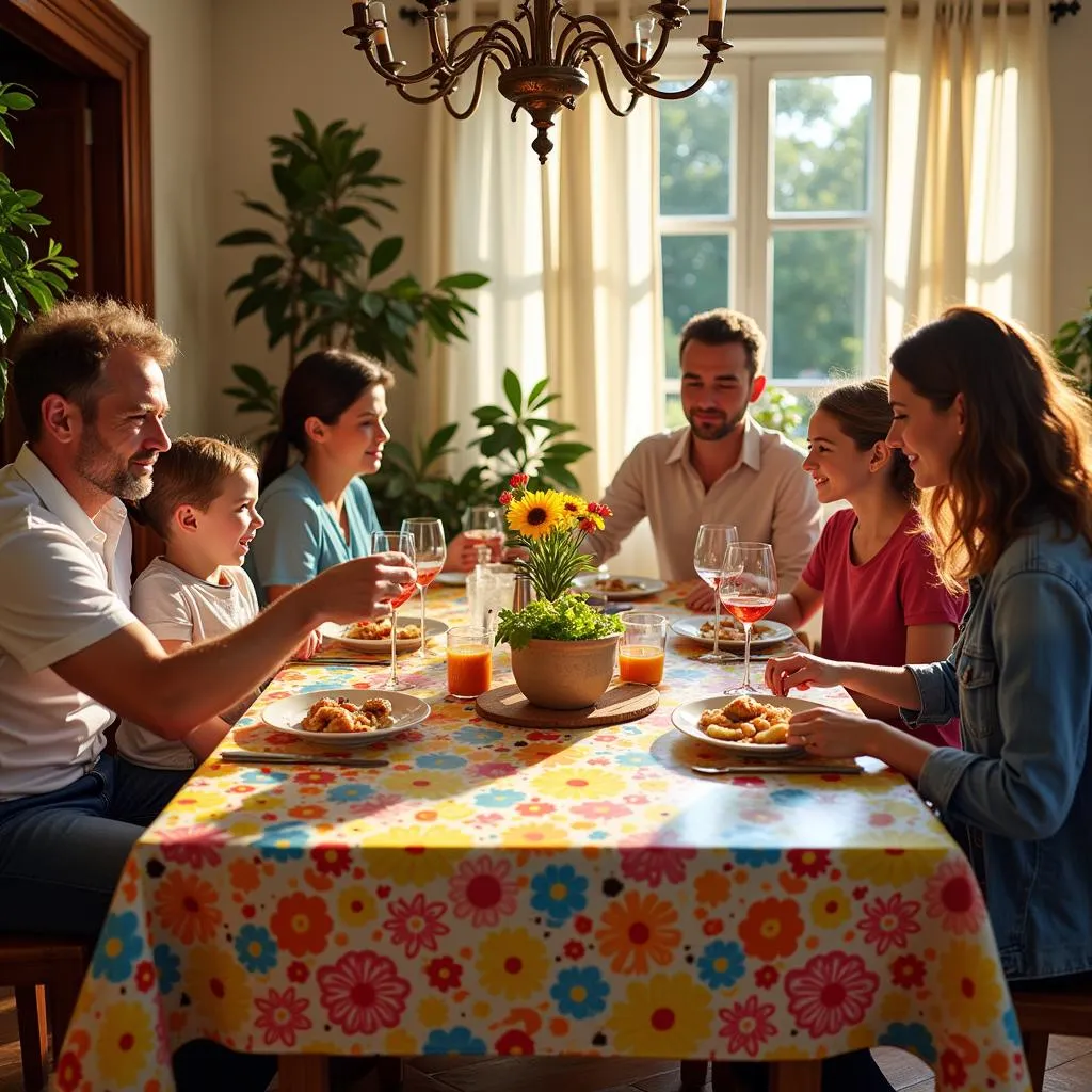 A Spanish family enjoying a meal together on a table adorned with a plastic tablecloth.