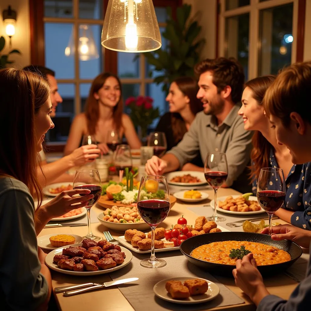 A group of people enjoying a lively dinner together around a table laden with traditional Spanish food.