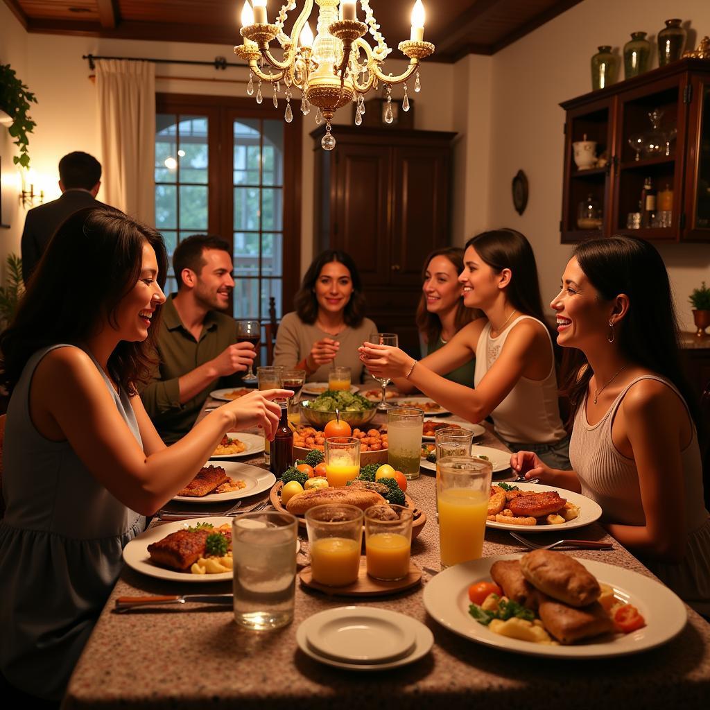 A traditional Spanish family gathering around a table, enjoying a meal together