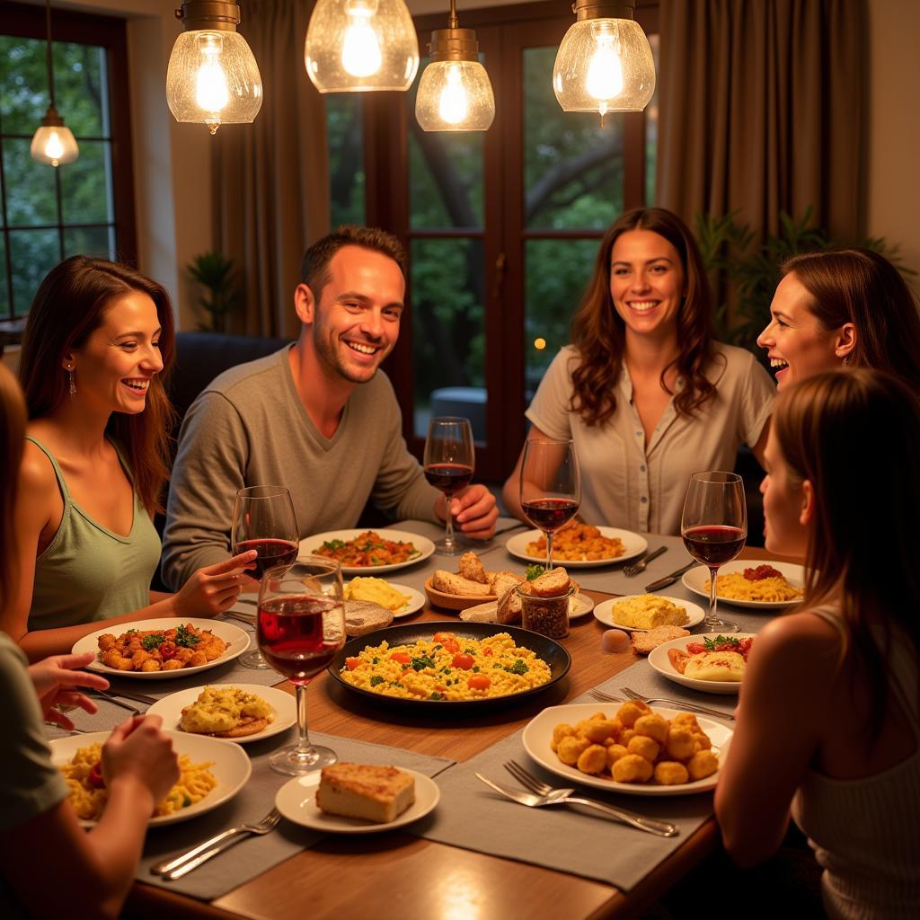 Family enjoying traditional Spanish dinner