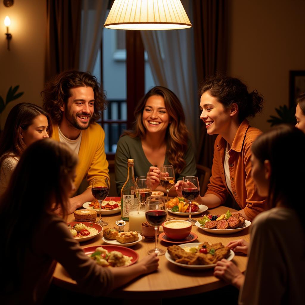 Family enjoying dinner together in a Spanish home