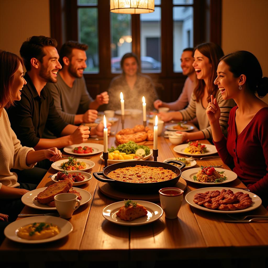 A Spanish family enjoying a lively dinner together