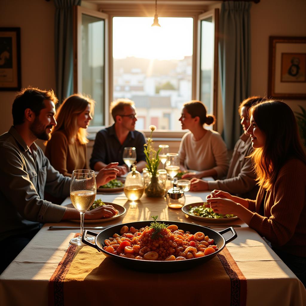 A Spanish family enjoying dinner together around a table laden with traditional food