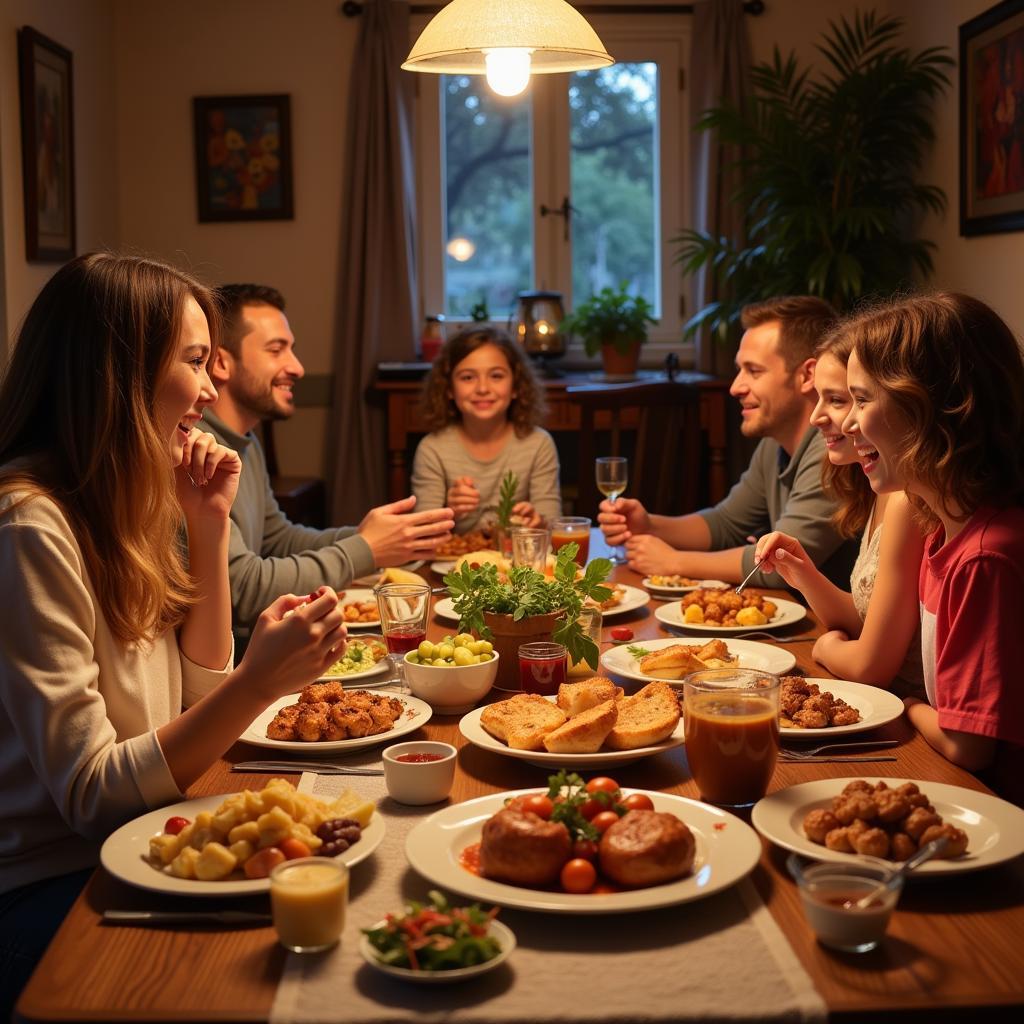 Family enjoying dinner together in a Spanish home