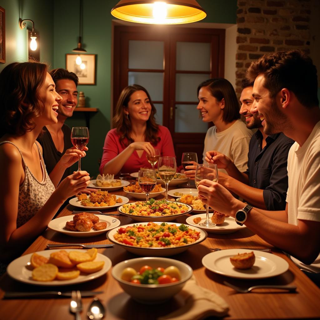 Family enjoying a traditional Spanish dinner