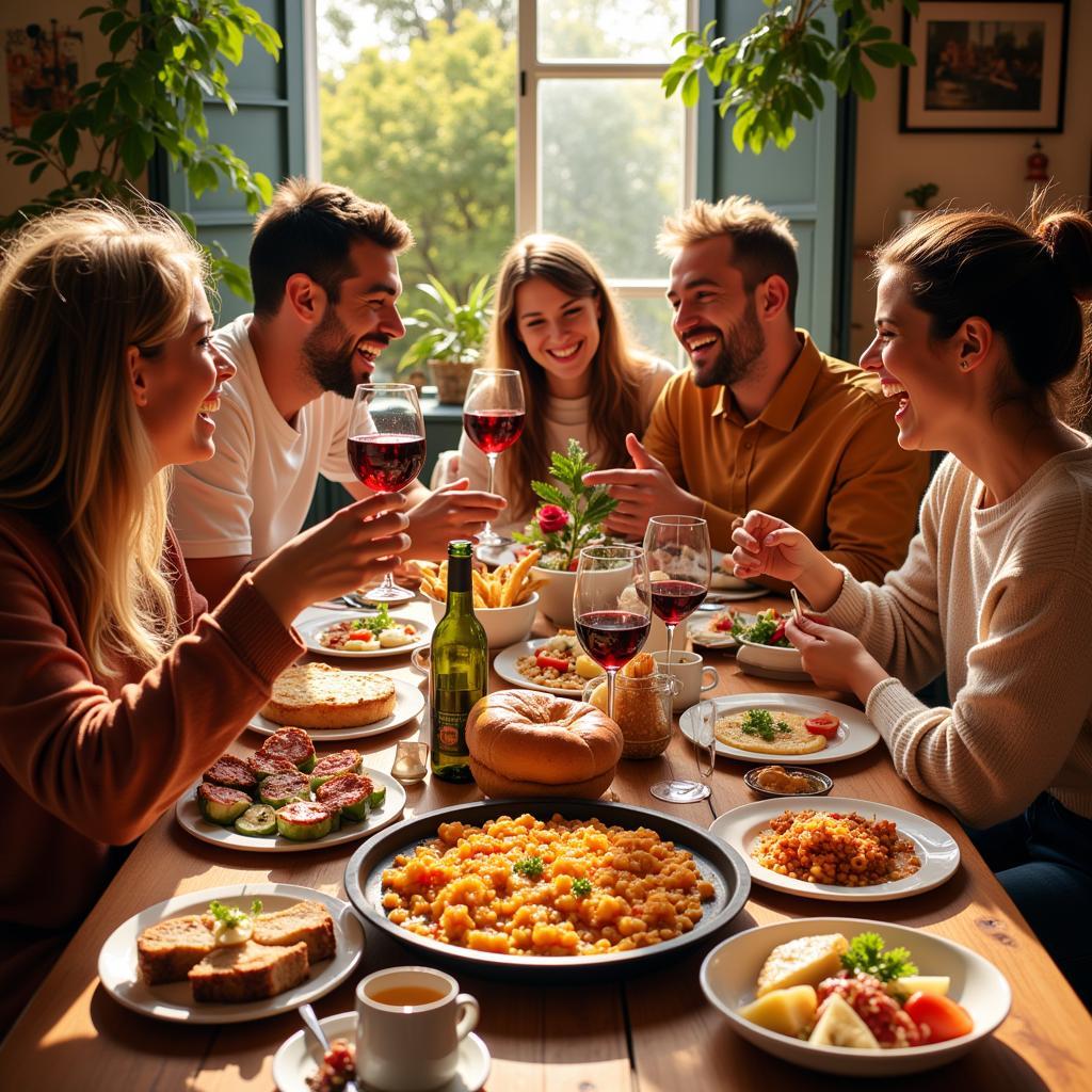 Family enjoying a traditional Spanish dinner