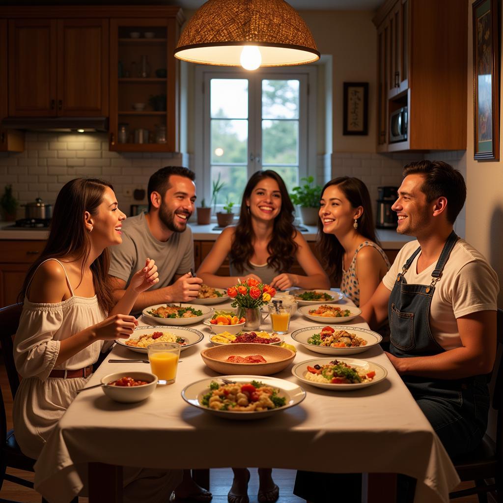 Lively Spanish family dinner in a cozy kitchen