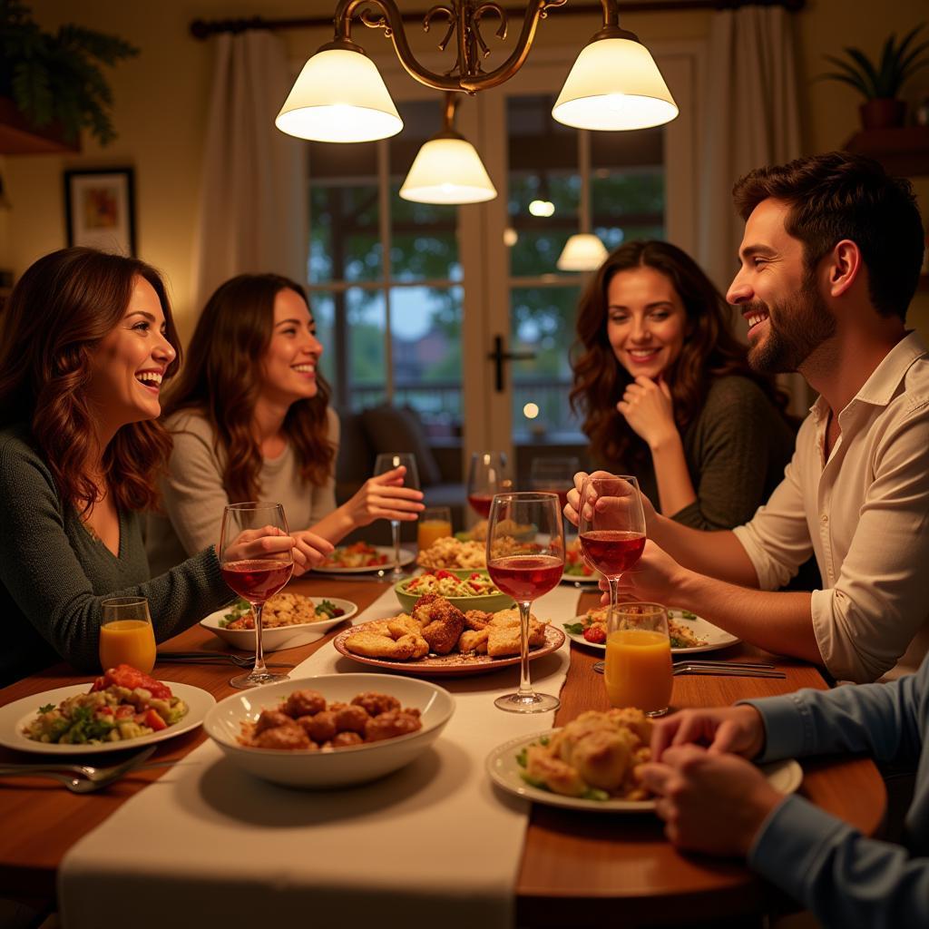 A Spanish family enjoying a lively dinner together, showcasing the warmth of Spanish hospitality