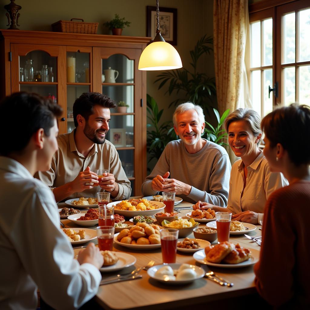 A Spanish family enjoying a lively dinner together