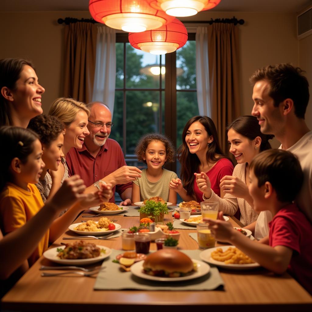 A Spanish family sharing a lively meal together in their home.