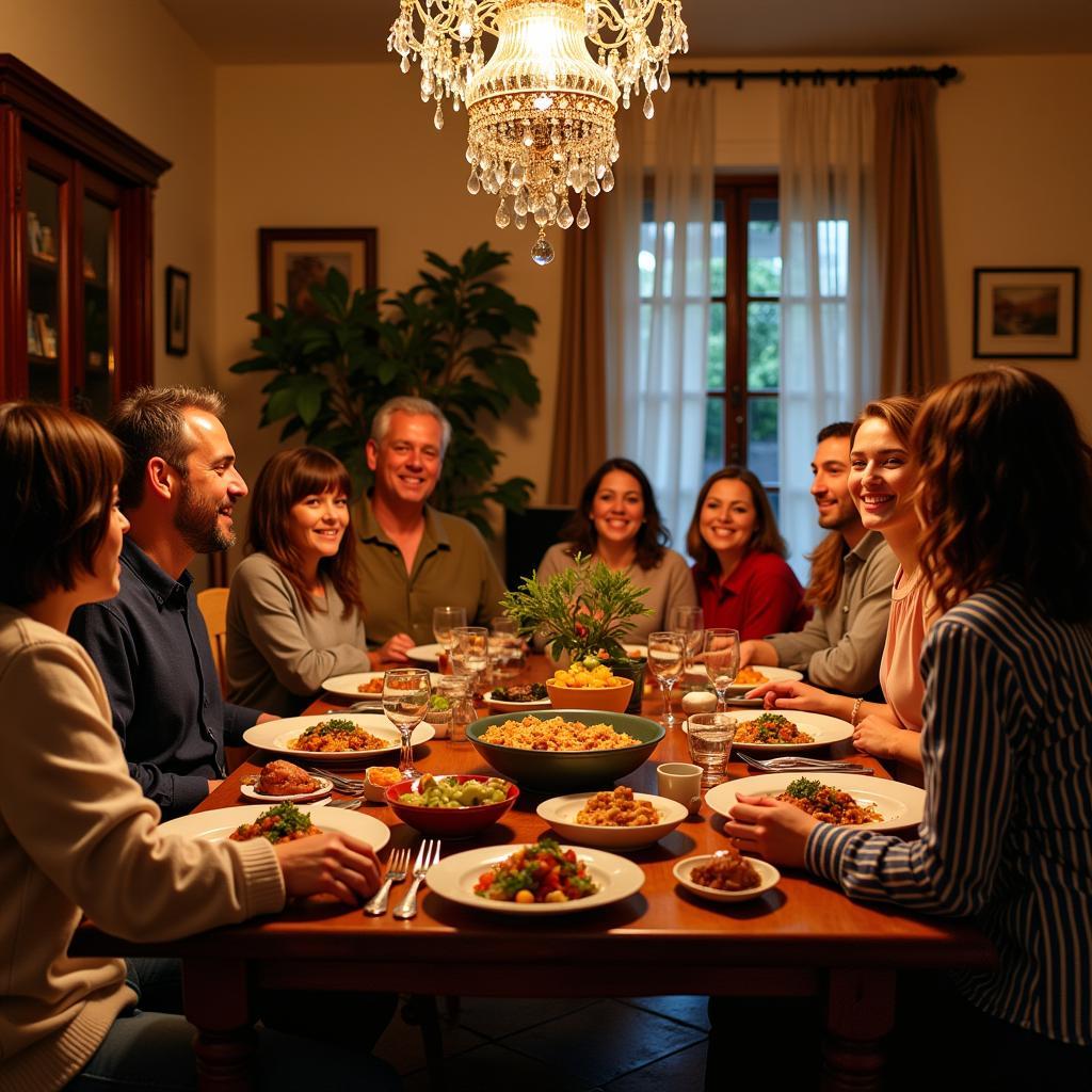 A Spanish family enjoying a lively dinner together in their cozy home.