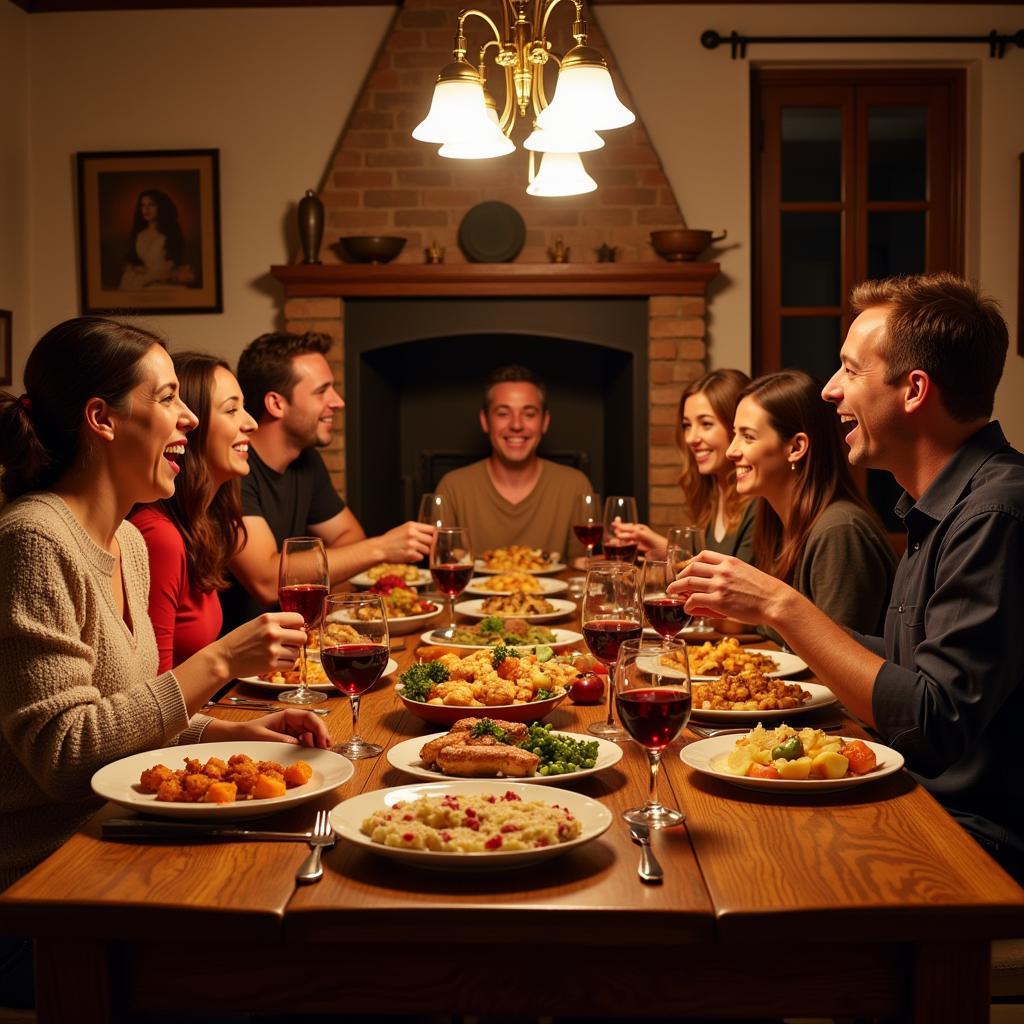 Family enjoying dinner together in a Spanish home