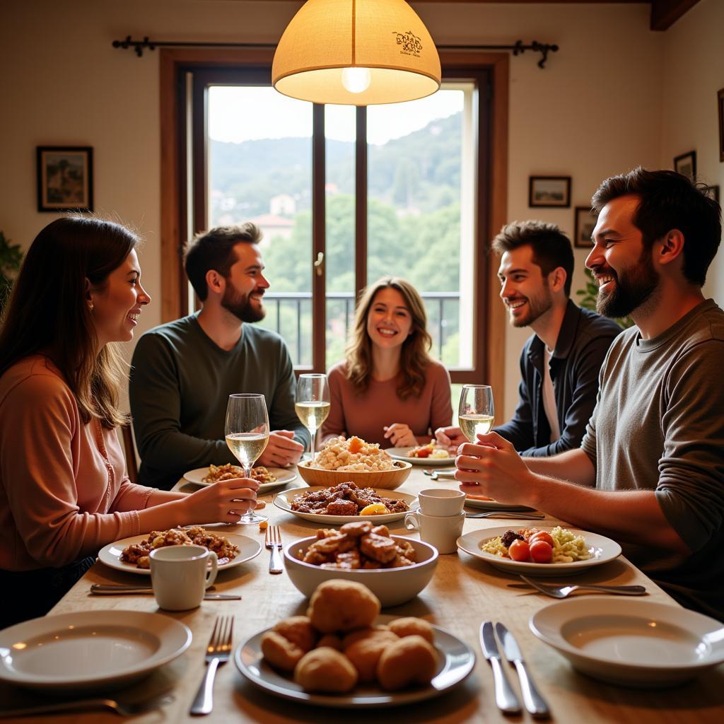 A Spanish family enjoys a lively dinner with their homestay guest