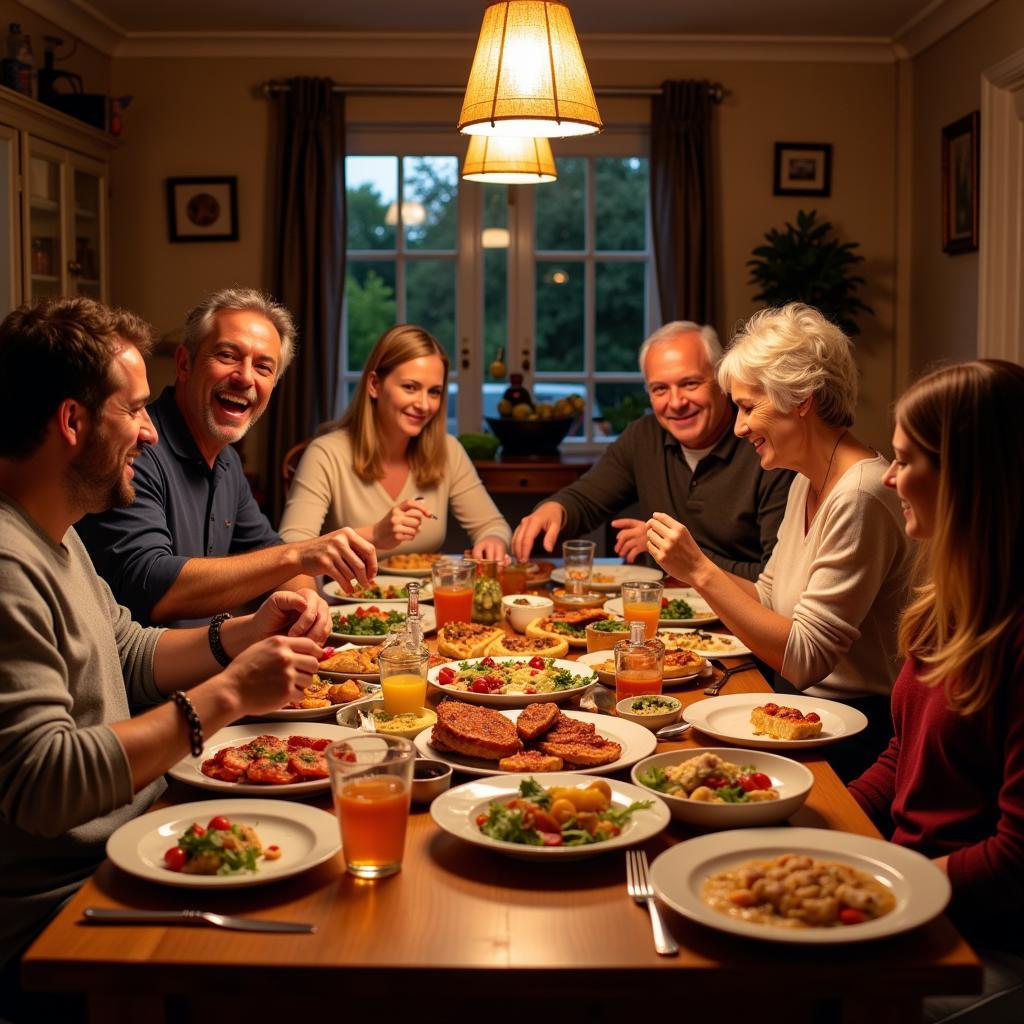 Family enjoying dinner together in Spain