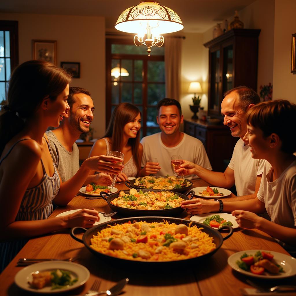 Family enjoying paella dinner