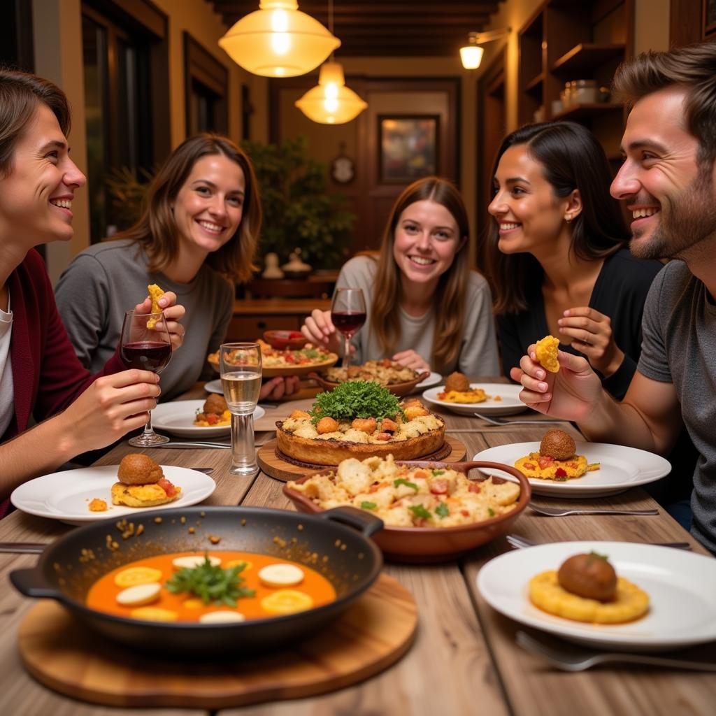 Family enjoying traditional Spanish dinner