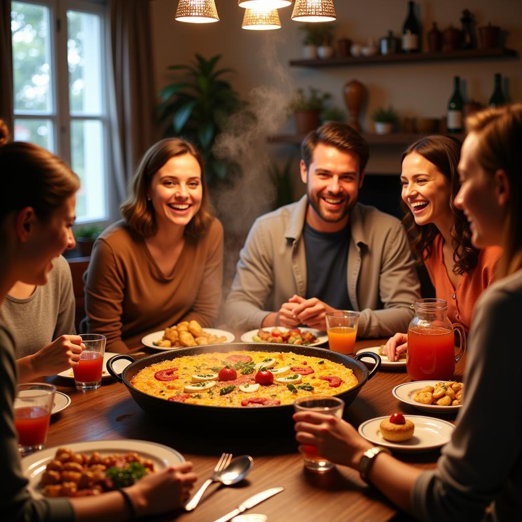 A Spanish family enjoying a lively dinner together around a table laden with traditional dishes