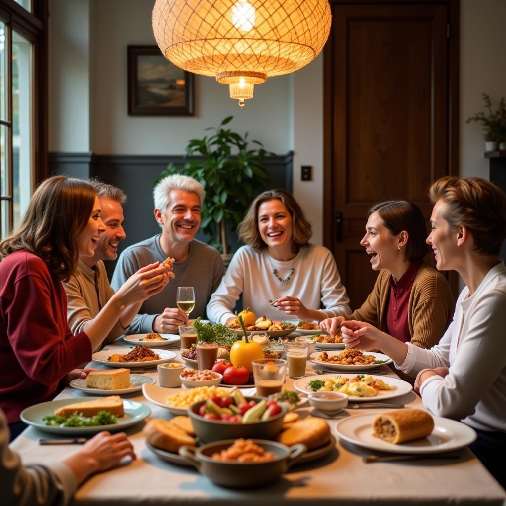 A Spanish family enjoys a traditional dinner together.