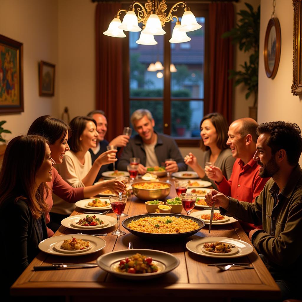 A lively Spanish family dinner with traditional food.