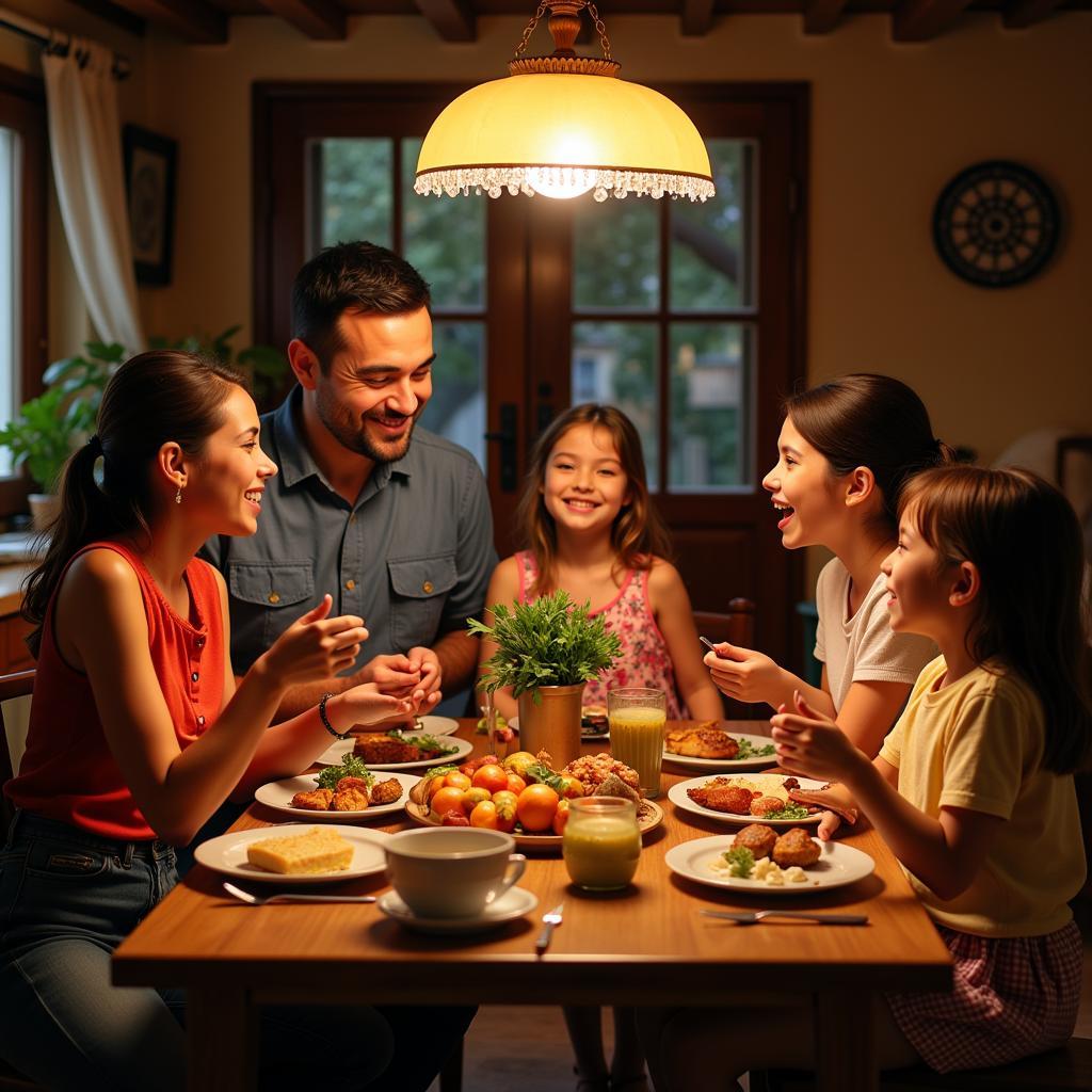 Family enjoying dinner together in a traditional Spanish kitchen