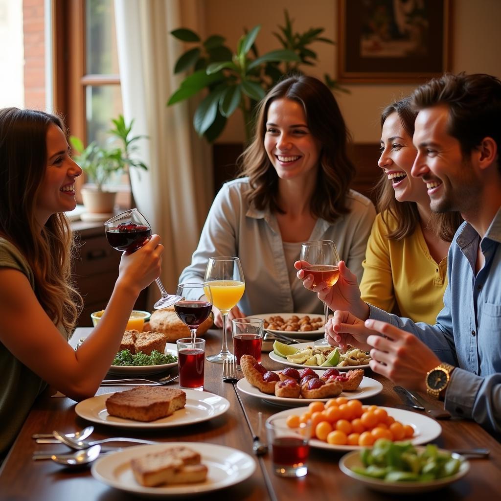 A family enjoying a traditional Spanish dinner together in their home