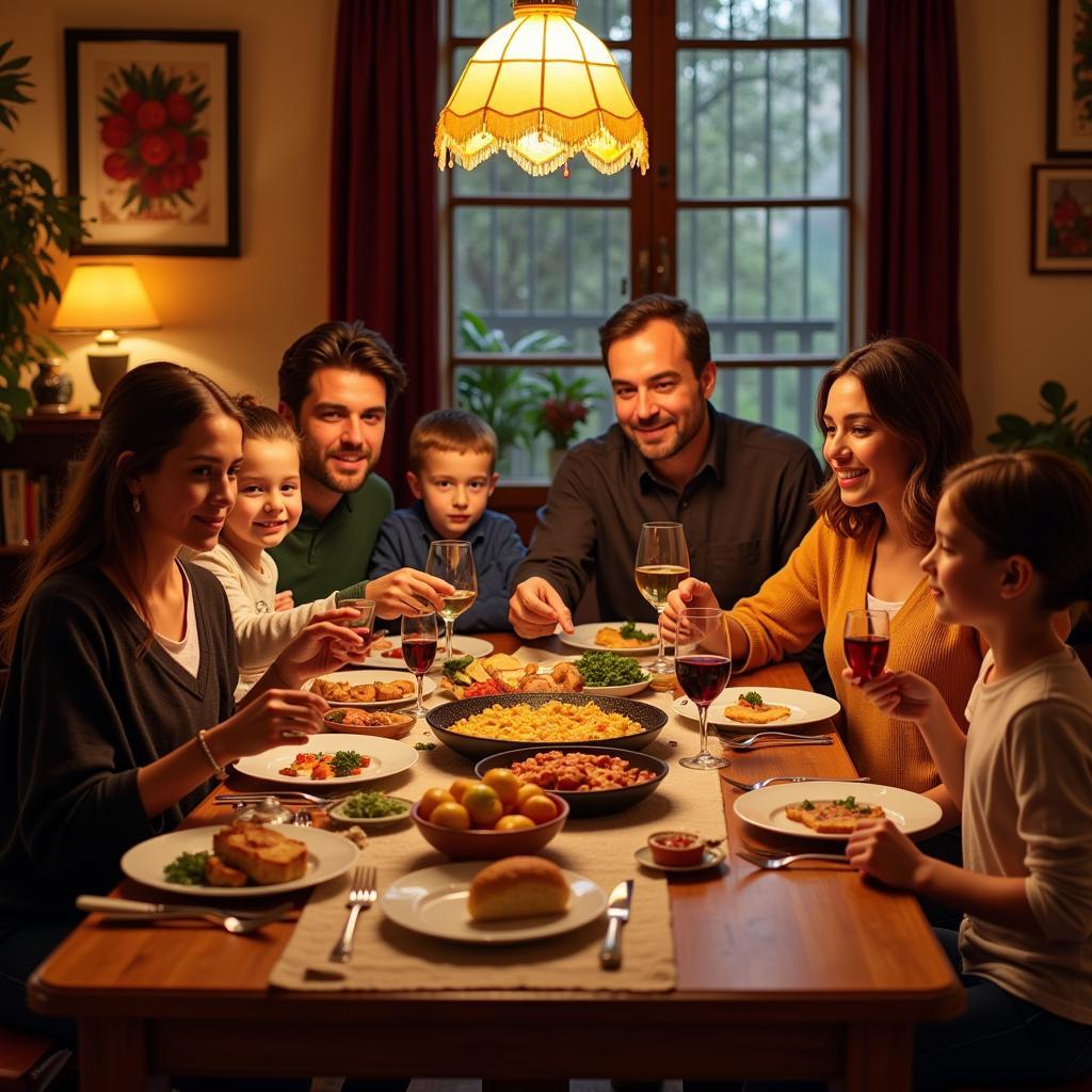 Family enjoying a traditional Spanish dinner