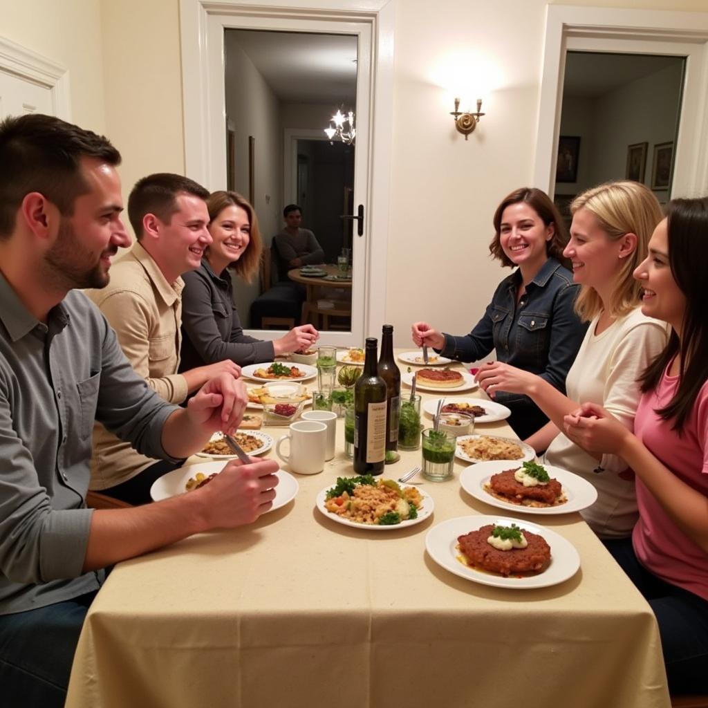 A group of people enjoying a meal together in a Spanish home, laughing and talking.