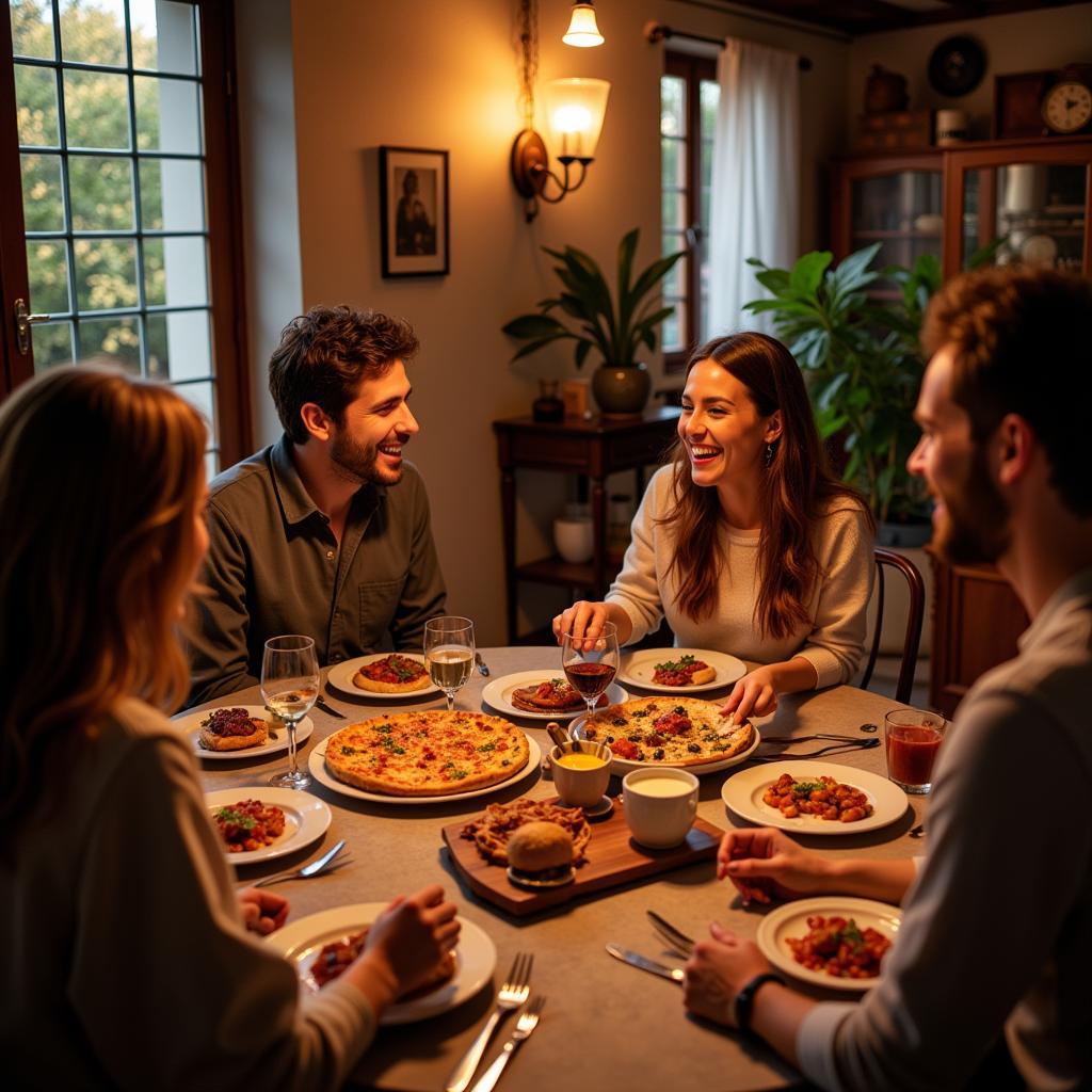 A Spanish family enjoying a lively dinner together