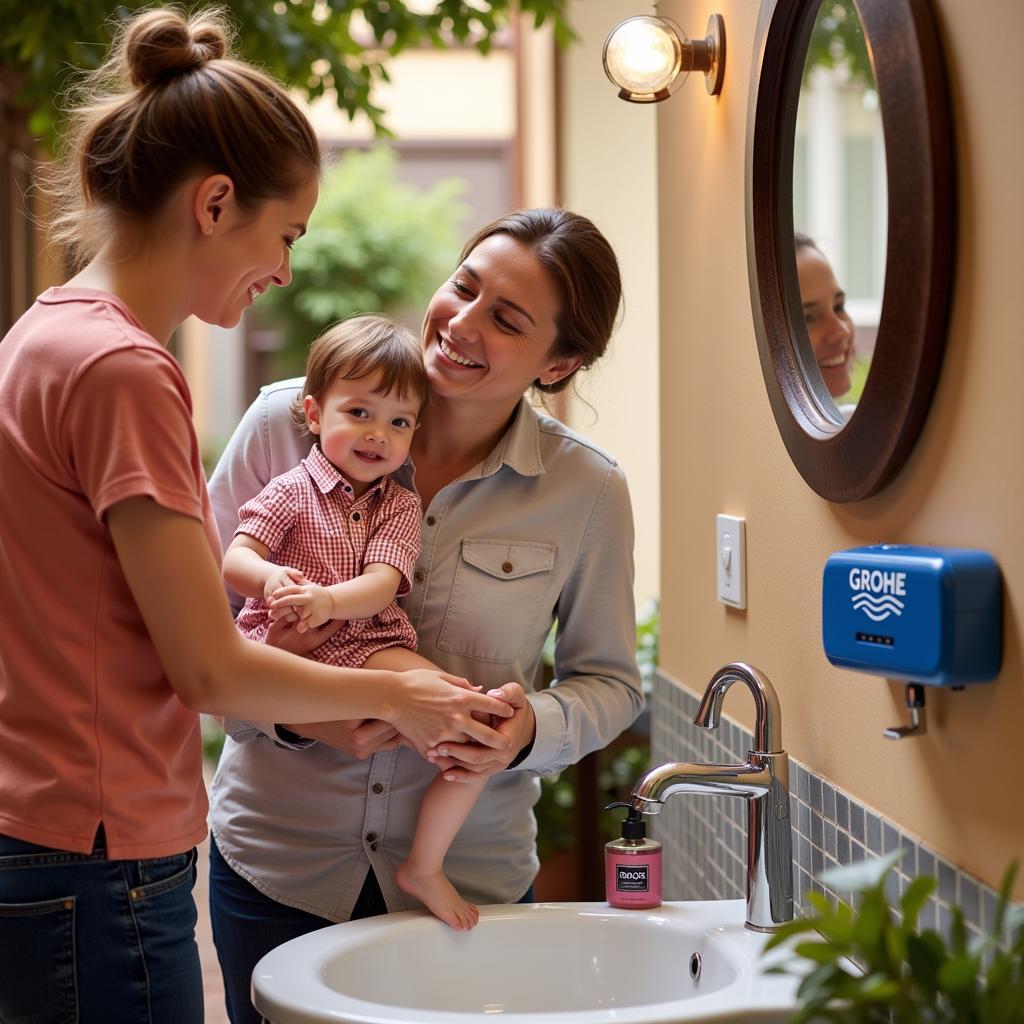 A Spanish family enjoying dinner together in their home, with a GROHE Blue Home water system visible on the counter