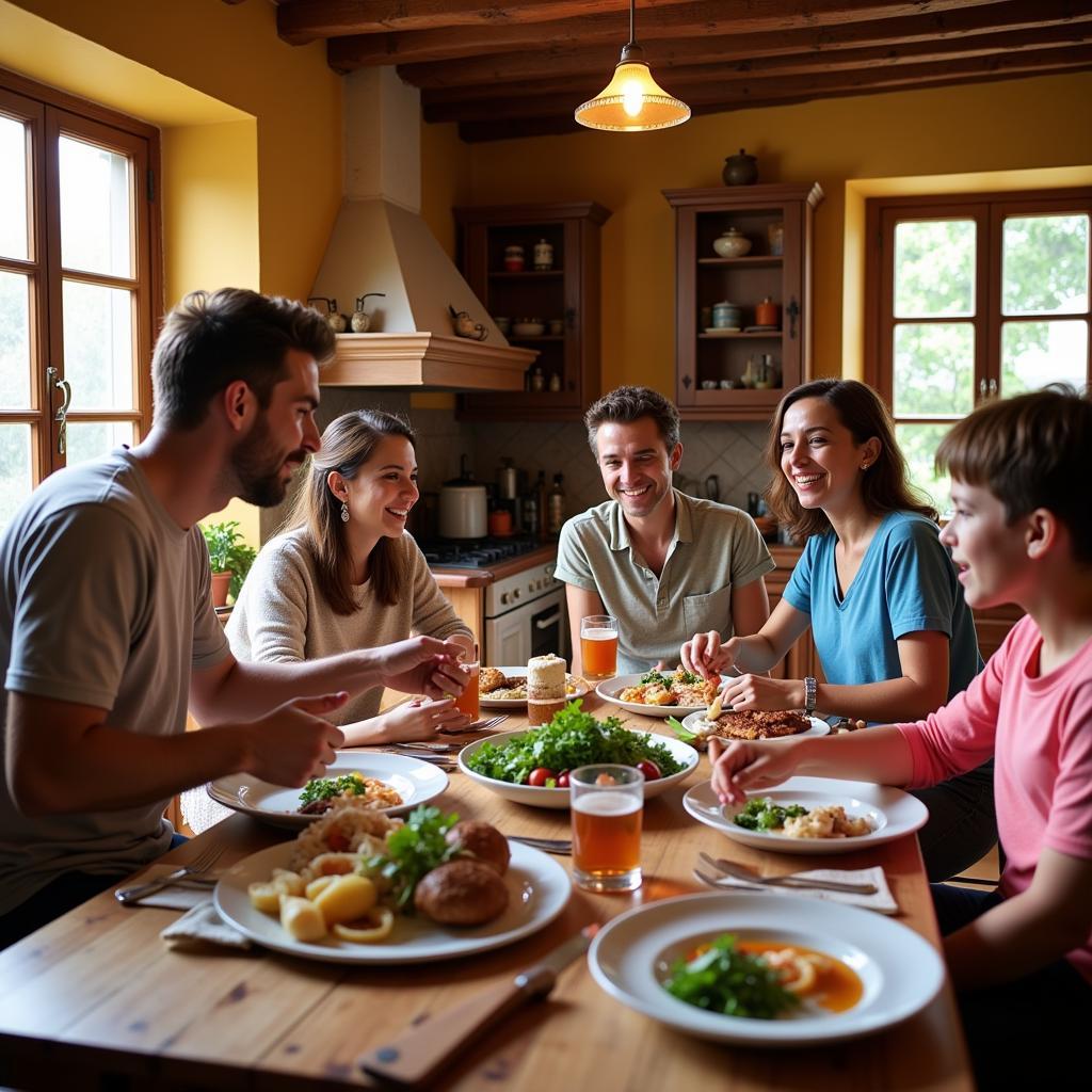 Family enjoying dinner in a traditional Spanish kitchen