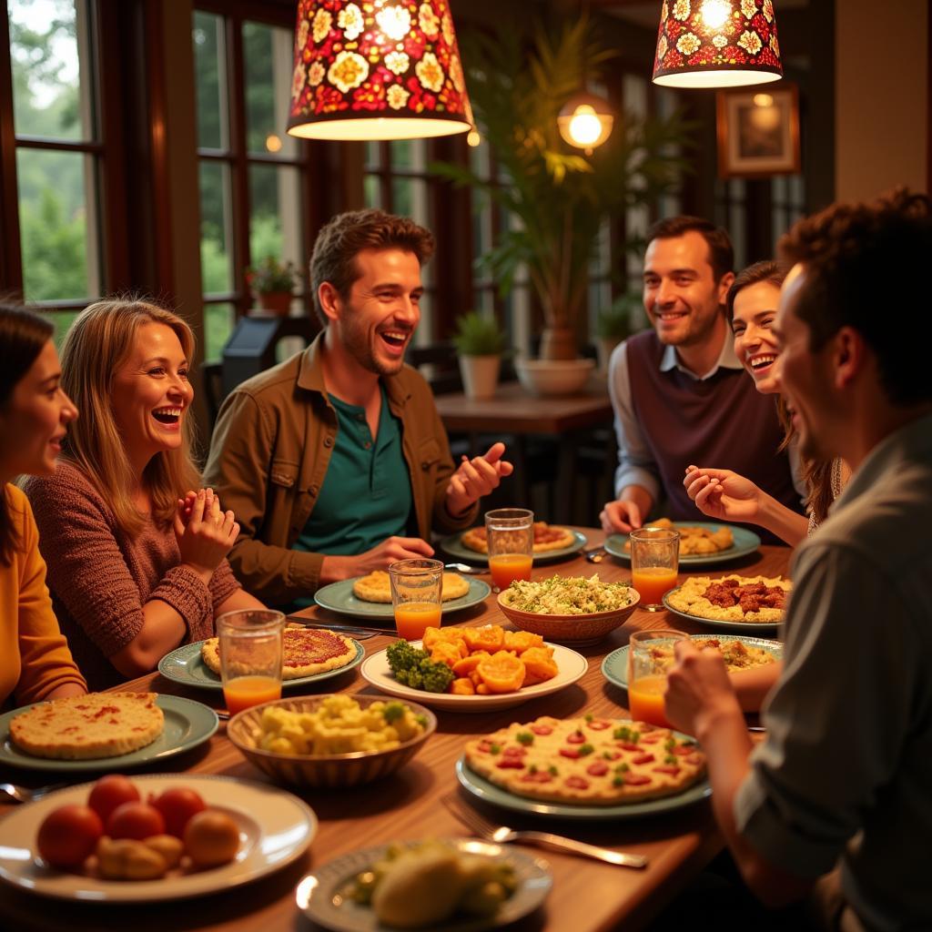 A Spanish family enjoying a lively dinner after watching a movie together.