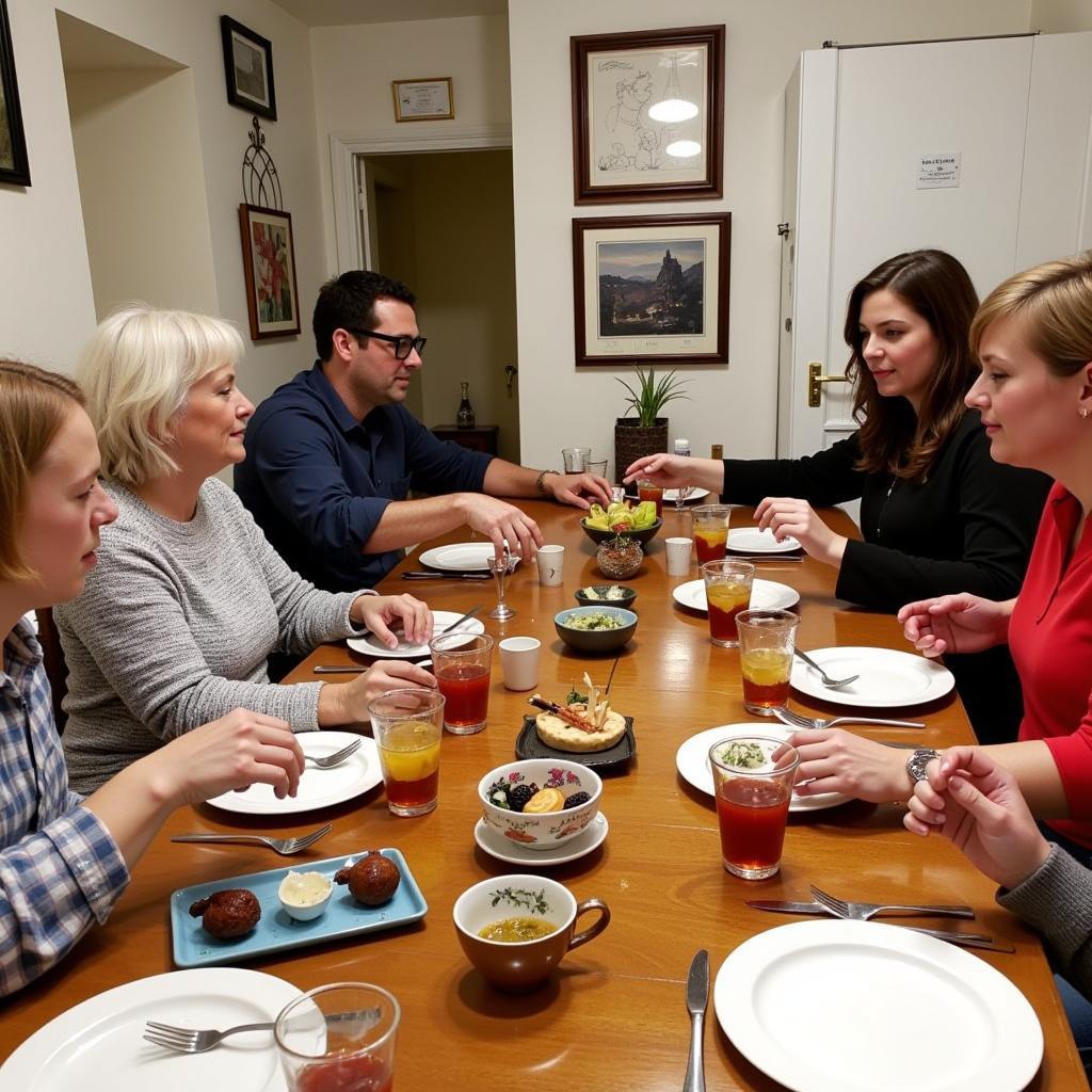 A Spanish family gathered around a table, sharing a meal and laughter, with traditional Spanish dishes spread out