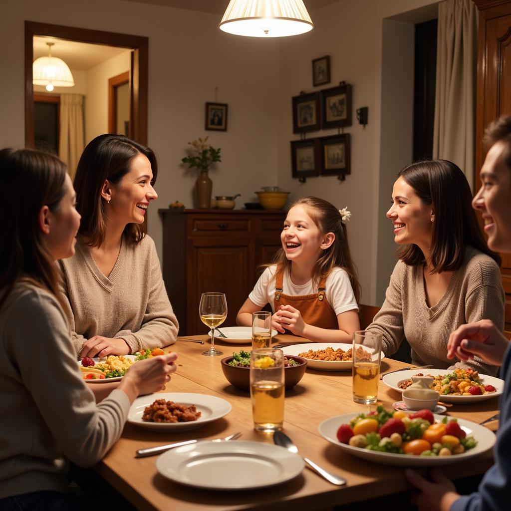 A Spanish family enjoys dinner with their homestay guests