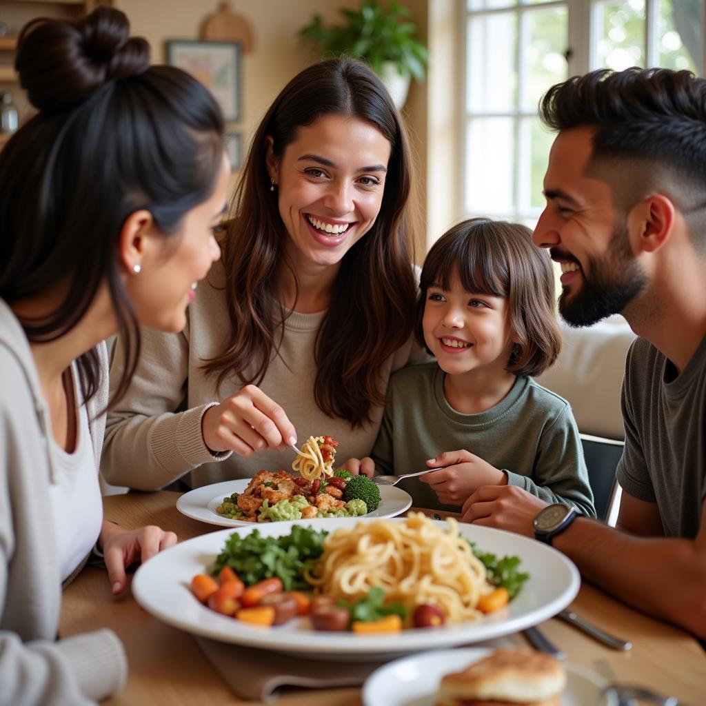 A Spanish family enjoying dinner with guests at a La Nave Home.