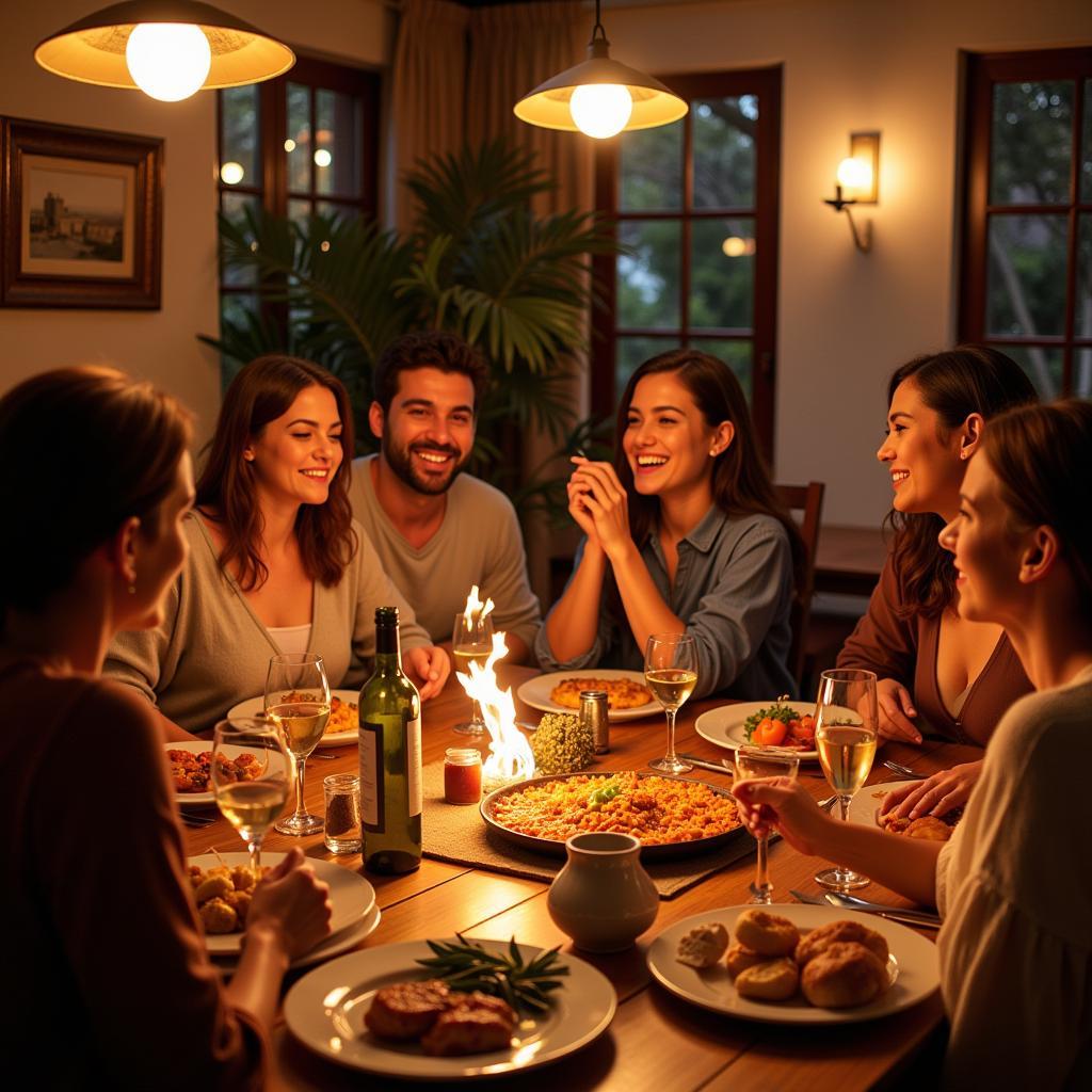 Spanish Family Enjoying Paella Dinner