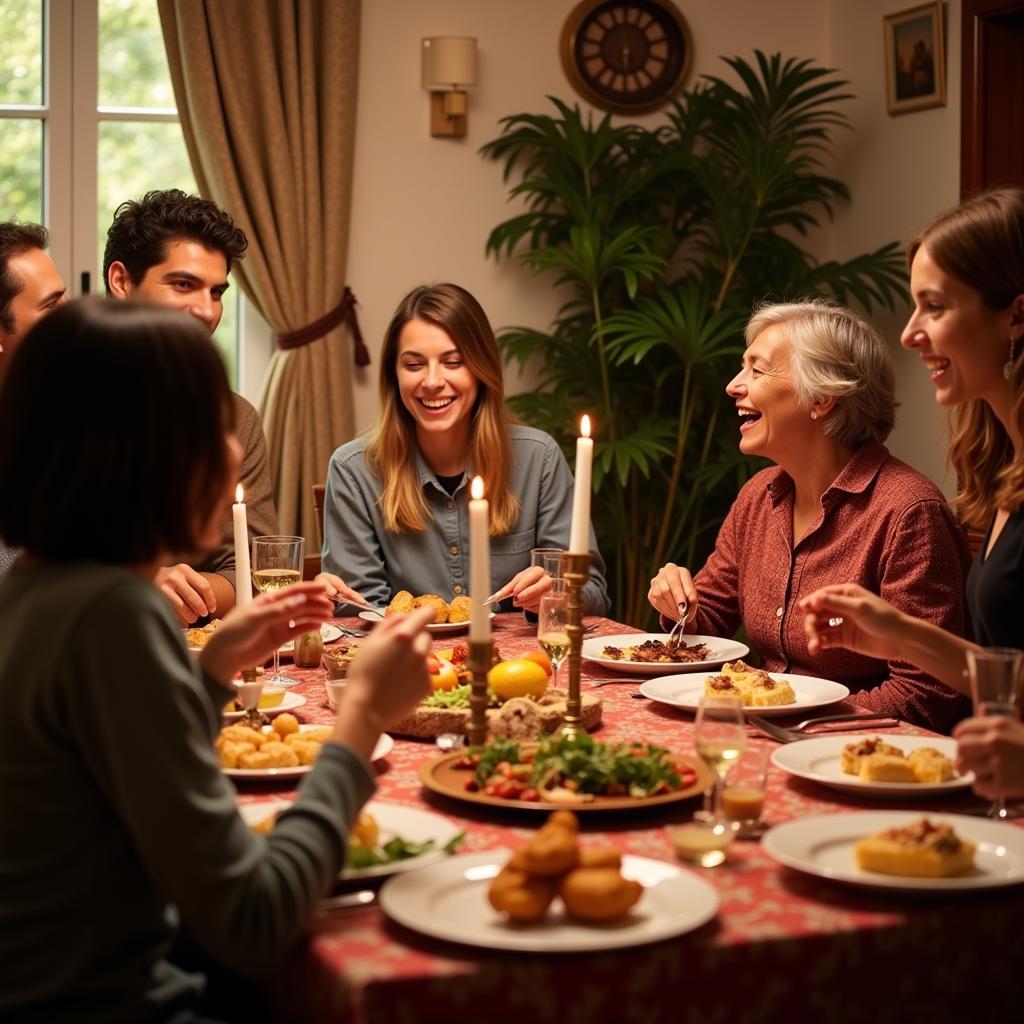 Spanish family enjoying dinner together in a cozy psn home setting