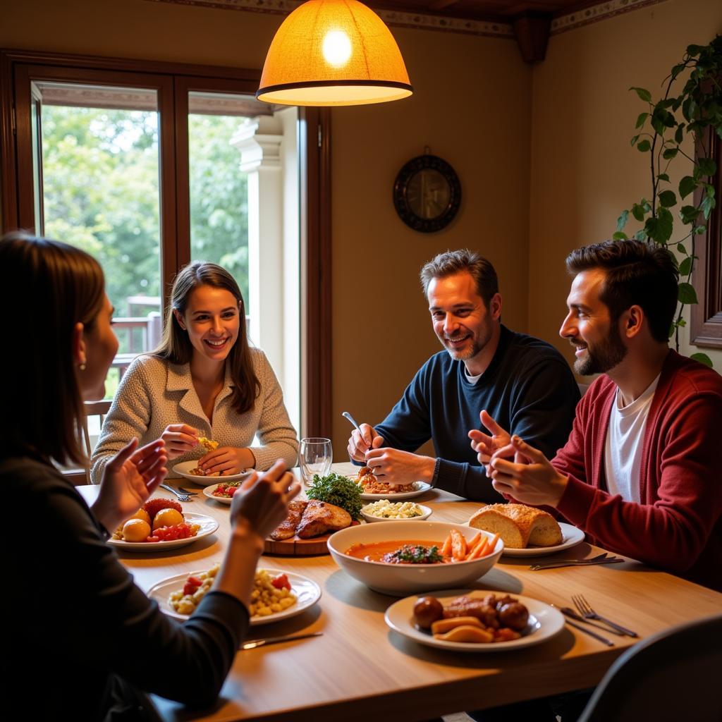 Spanish Family Enjoying a Meal with a Guest Interested in Racing Homers