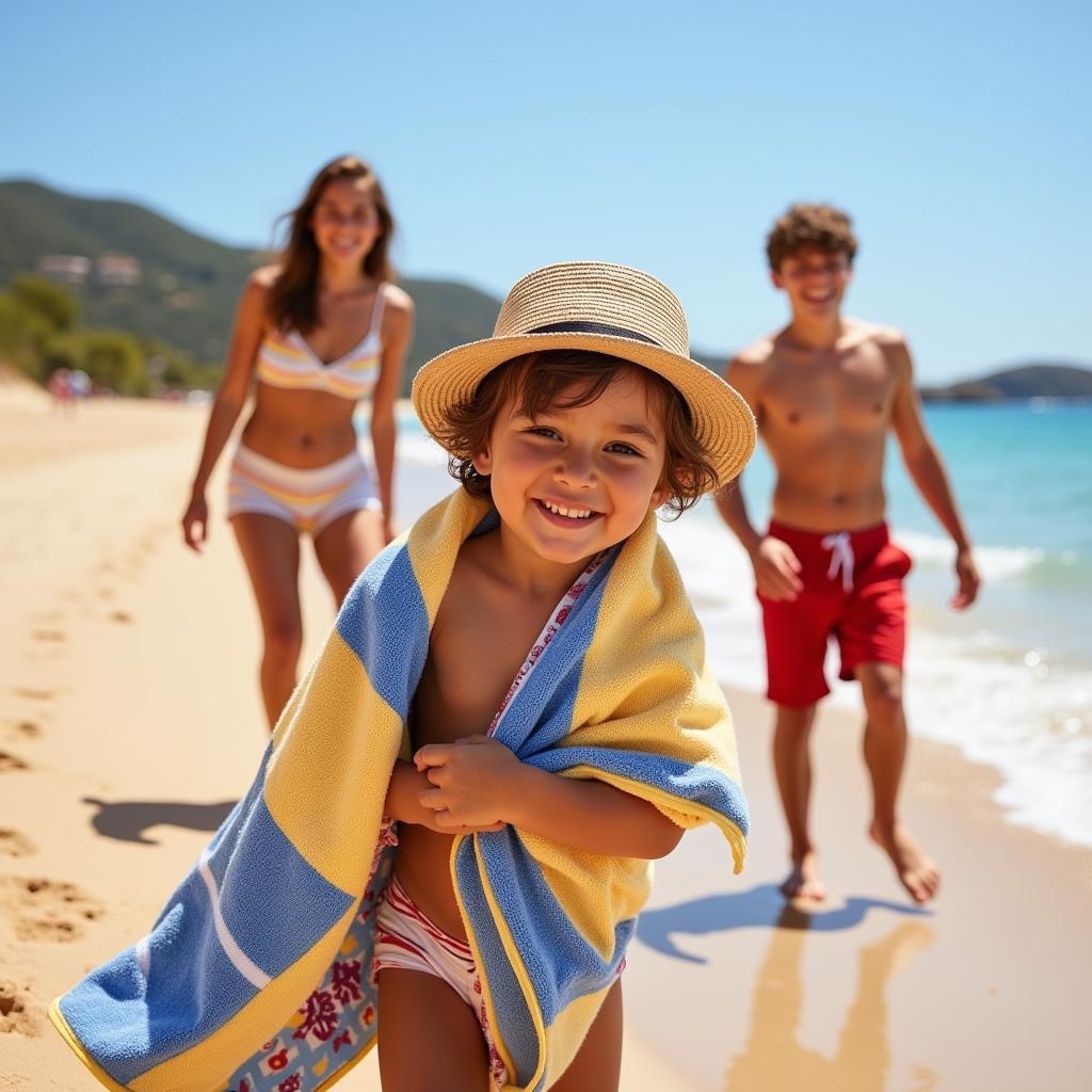 Spanish family enjoying beach day with Zara Home towel