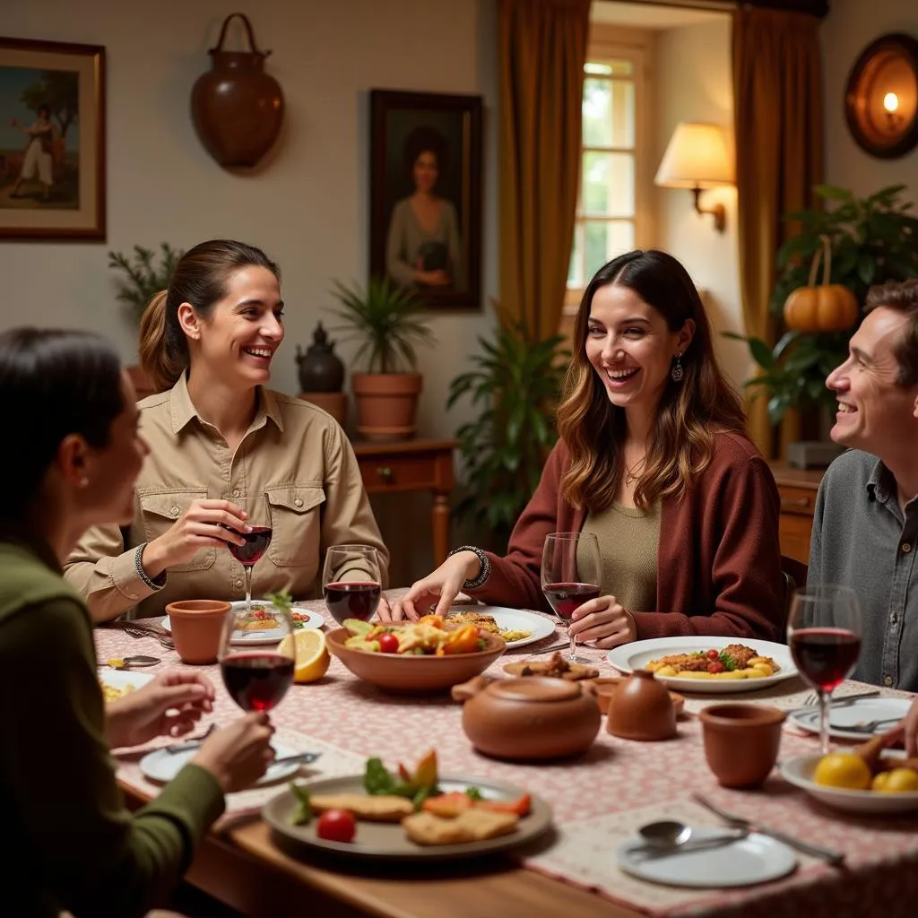 Spanish family enjoying breakfast in their kitchen