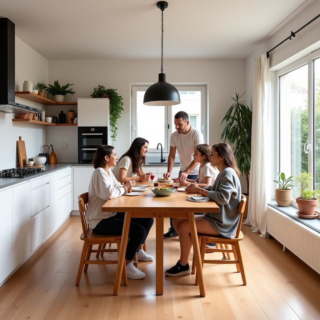 Spanish Family Enjoying Breakfast in Funda Nórdica Inspired Kitchen