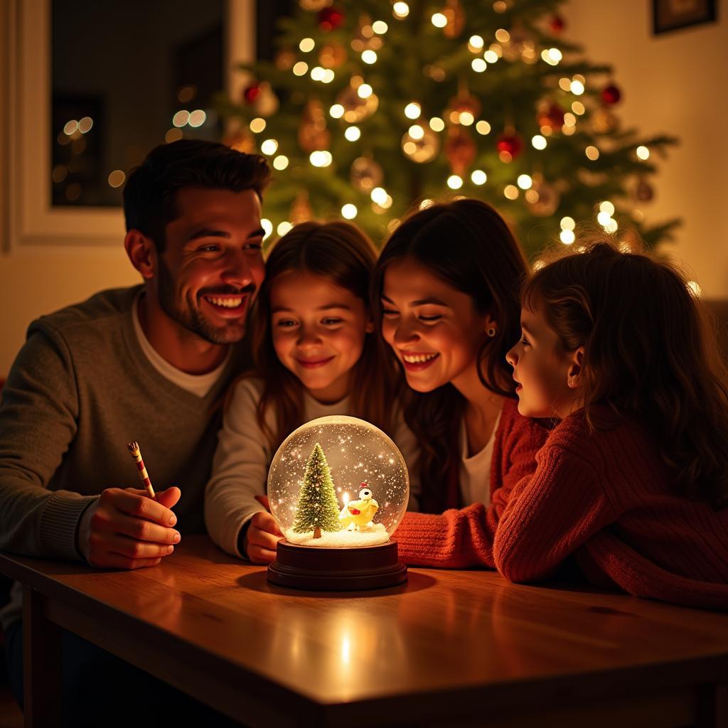 A Spanish family gathered around a table adorned with Zara Home Christmas decorations, including a snow globe.